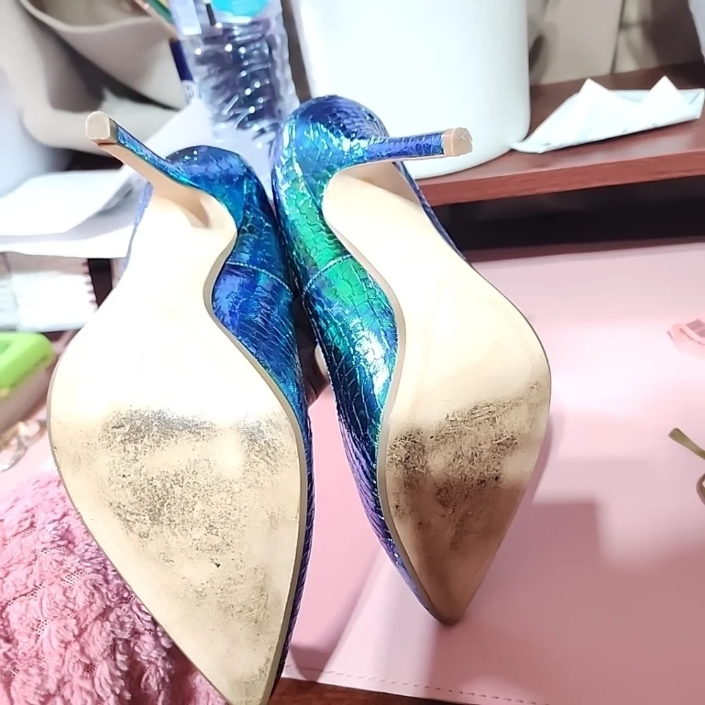 Dune London Iridescent Green Blue Snake Print Heels – Size 38 (US 7.5)